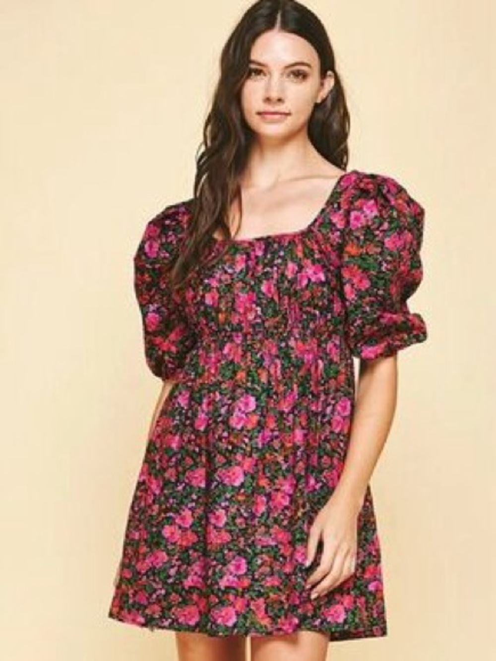 Pinch Floral Puff-Sleeve Mini Dress in Pink and Black